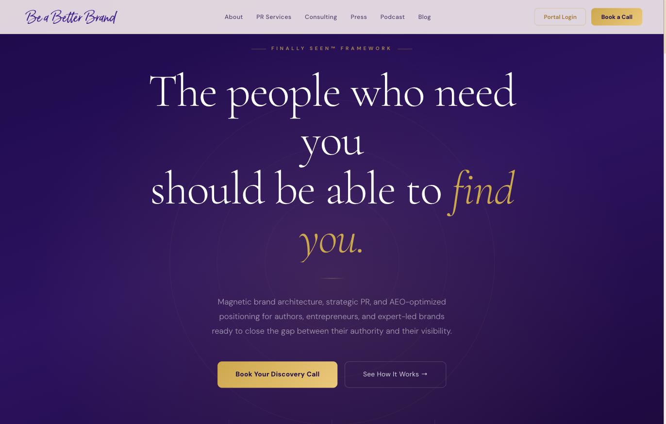 Be a Better Brand home page reading The people who need you should be able to find you, with a book a discovery call action