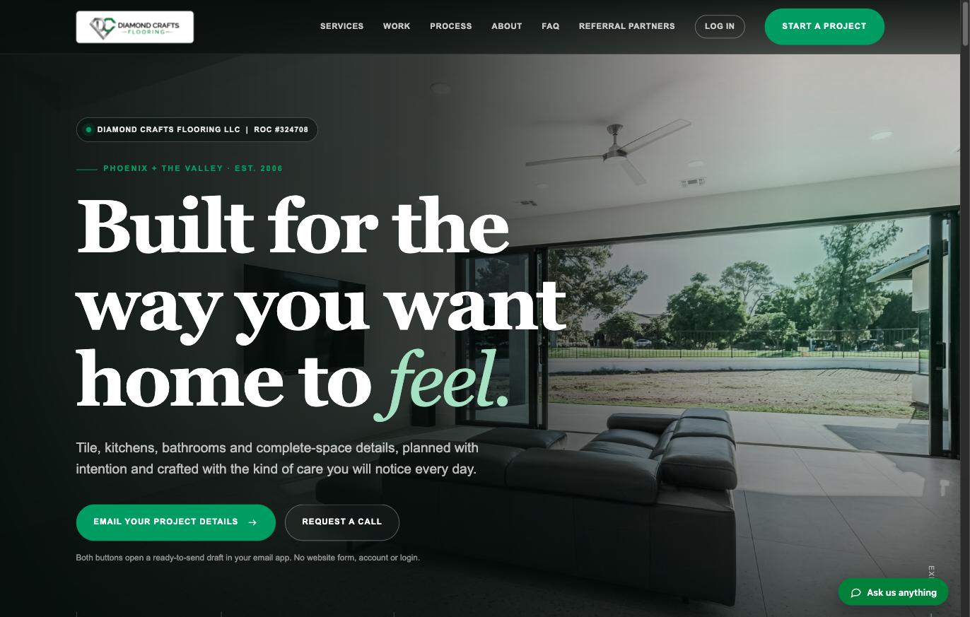 Diamond Crafts Flooring home page reading Built for the way you want home to feel, with email your project details and request a call actions