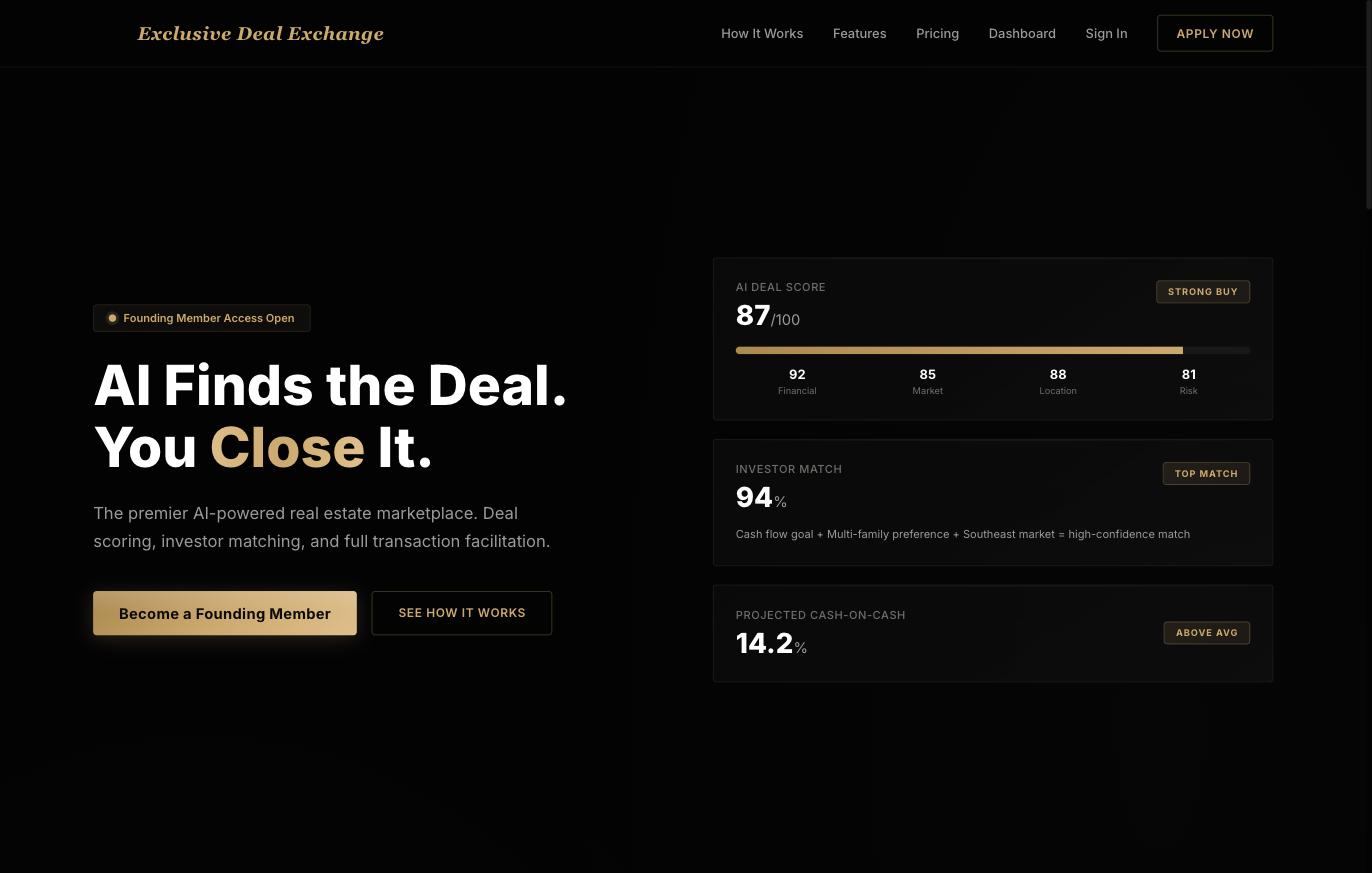 Exclusive Deal Exchange home screen showing an AI deal score of 87 out of 100 with investor match and projected cash-on-cash figures
