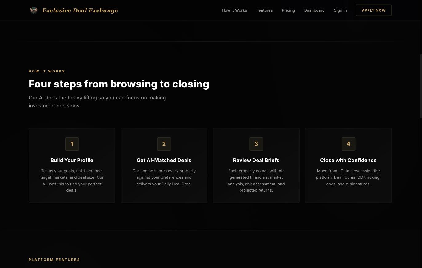 Exclusive Deal Exchange process section describing four steps from building an investor profile to closing with deal rooms and e-signatures