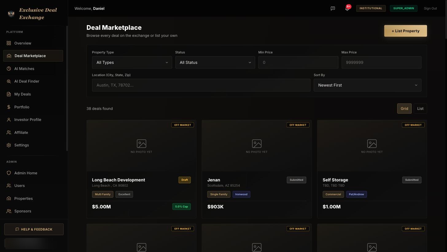 Exclusive Deal Exchange marketplace listing thirty-eight deals with filters for property type, status, price range and location, each card showing asking price and cap rate