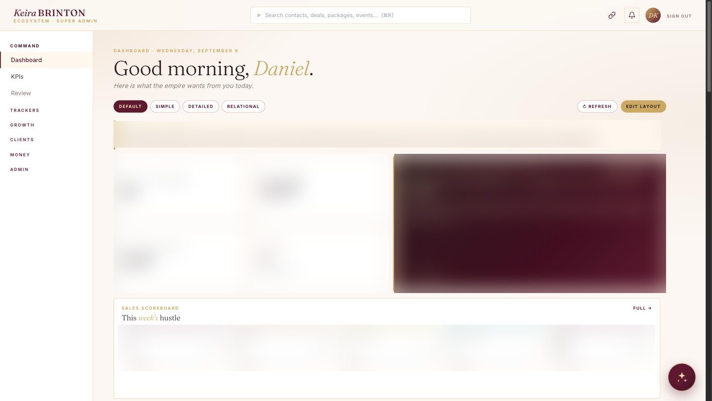 Keira Brinton command dashboard with a north star statement, revenue, cash position, weighted pipeline and priority cards, all financial figures deliberately blurred