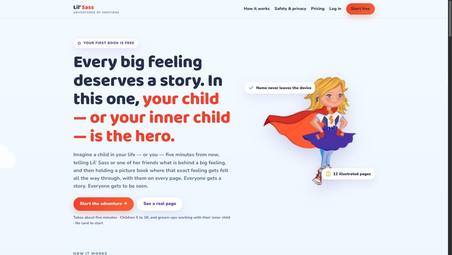 Lil Sass home page reading Every big feeling deserves a story, in this one your child or your inner child is the hero, with an illustrated caped character and a badge reading name never leaves the device