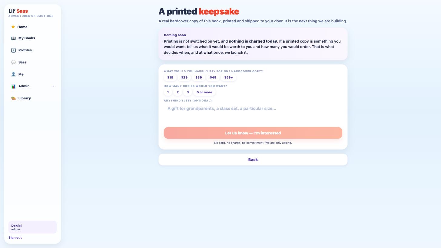 Lil Sass printed keepsake page explaining printing is not switched on yet and nothing is charged, asking what the visitor would pay and how many copies they would order