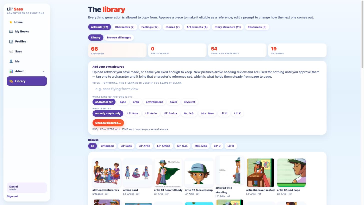 Lil Sass library screen showing sixty-seven artworks with approval counts, character tagging for the cast, and an upload panel for adding new reference pictures