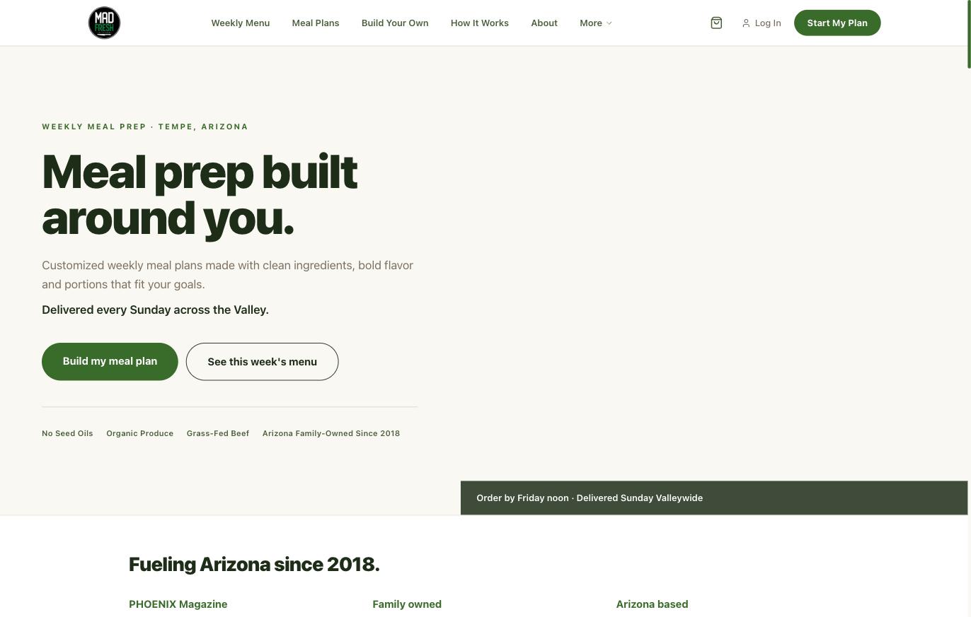 Mad Fresh Kitchen home page reading Meal prep built around you, with build my meal plan and see this week's menu actions