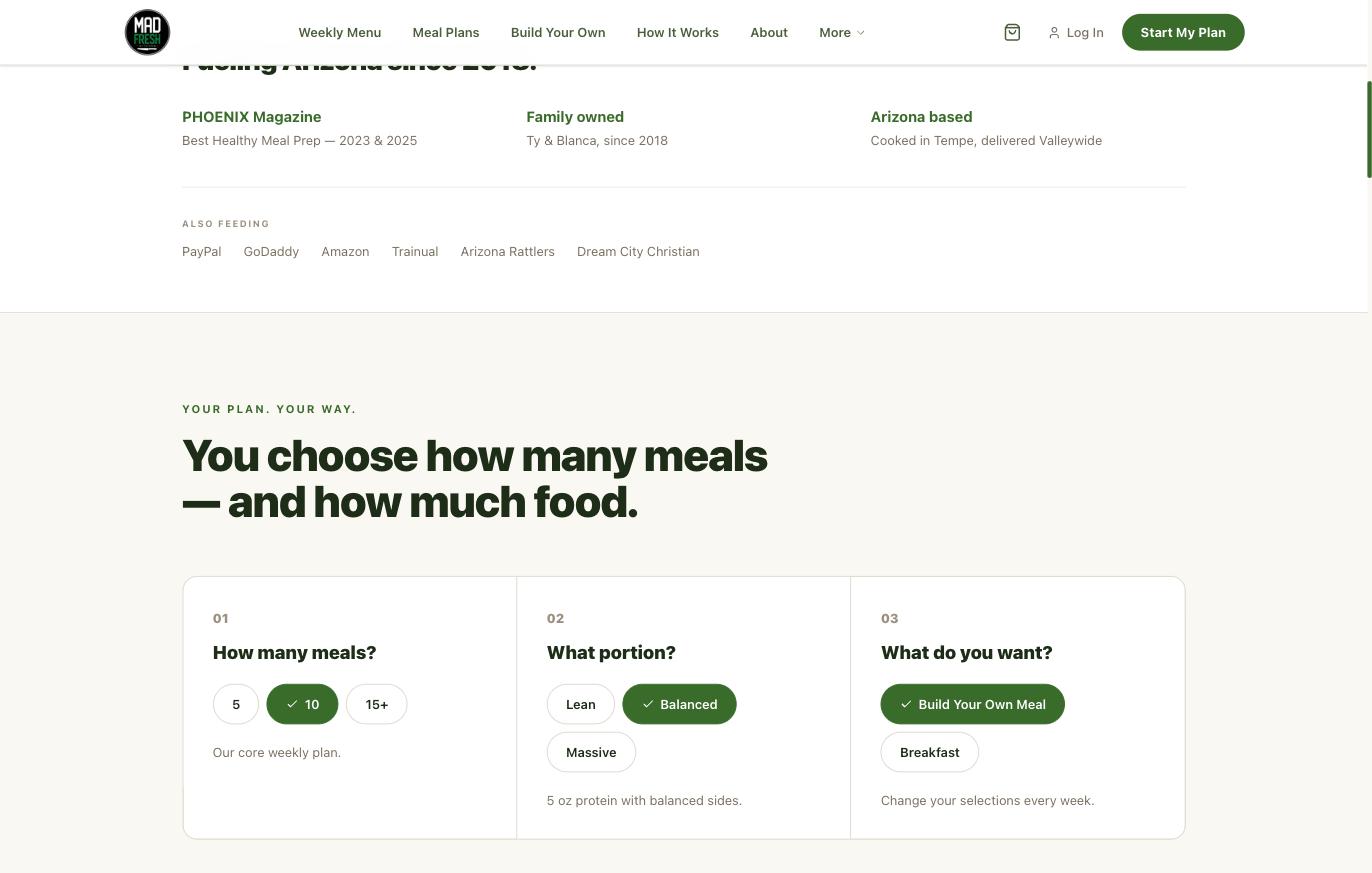 Mad Fresh Kitchen plan builder letting a customer choose number of meals, portion size and meal type