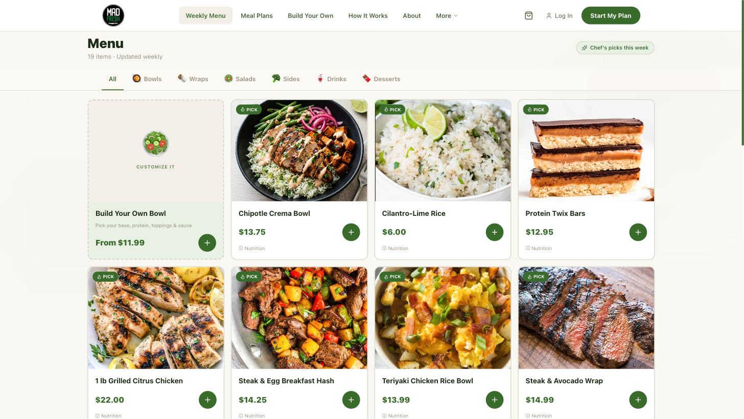 Mad Fresh Kitchen menu page listing nineteen items across bowls, wraps, salads, sides, drinks and desserts, each with a photo, price and nutrition link