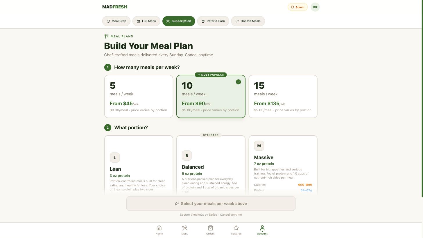 Mad Fresh Kitchen subscription builder with meals-per-week options of five, ten or fifteen and portion sizes of lean, balanced and massive with protein and calorie ranges