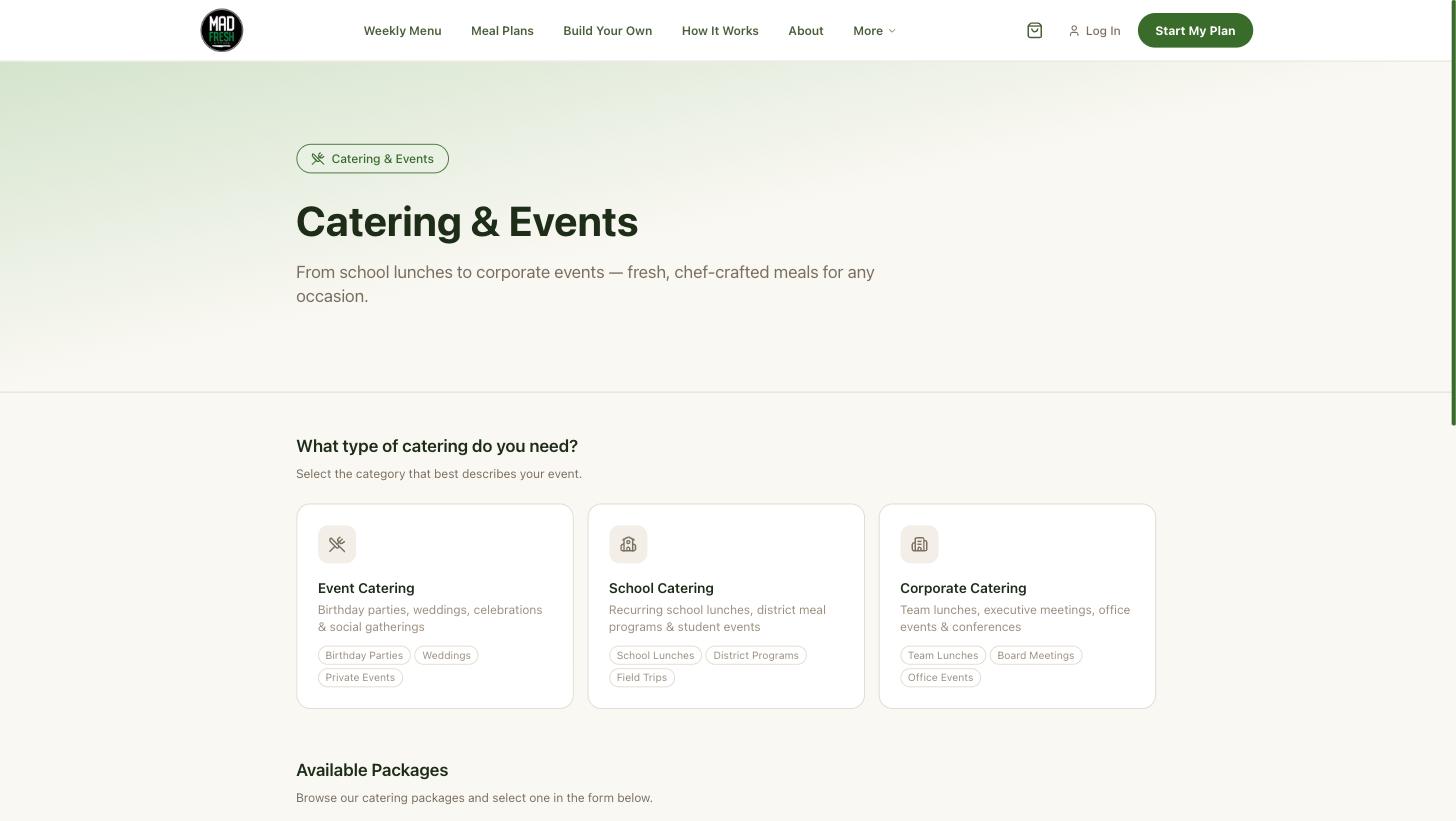 Mad Fresh Kitchen catering page offering event catering, school catering and corporate catering with package selection