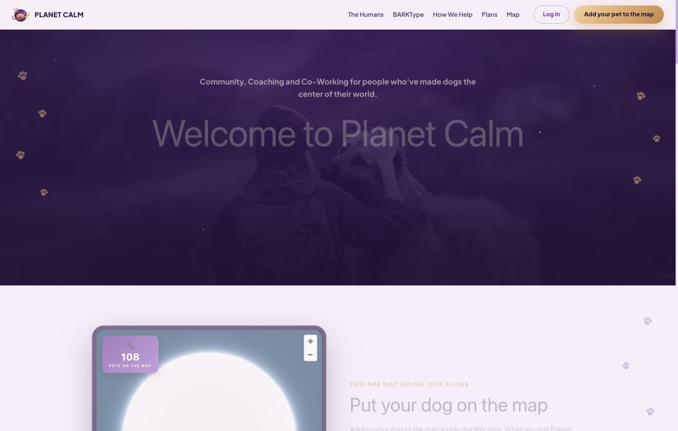 Planet Calm welcome screen for a community, coaching and co-working platform for dog owners