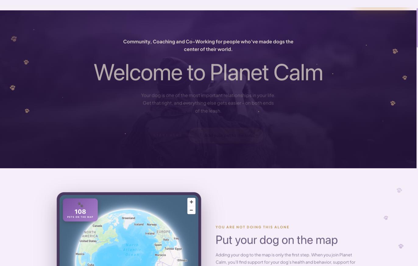 Planet Calm interactive world map showing member pets placed across countries