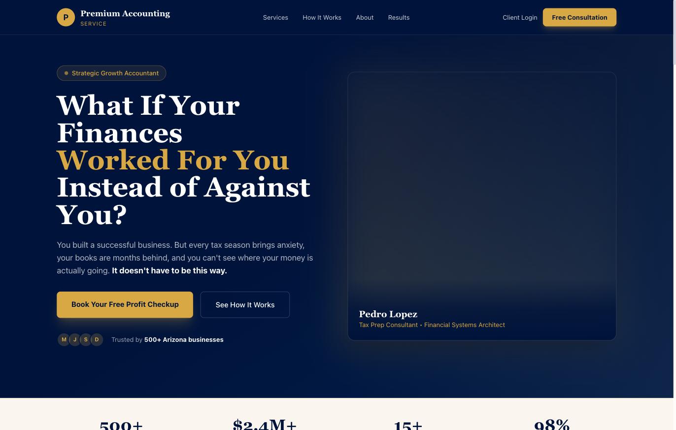 Premium Accounting Service home page asking what if your finances worked for you instead of against you, with a free profit checkup action