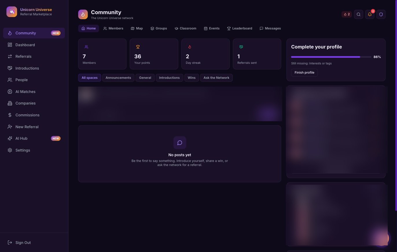 Unicorn Universe referral marketplace community screen showing members, points and streak counters, with member names deliberately blurred